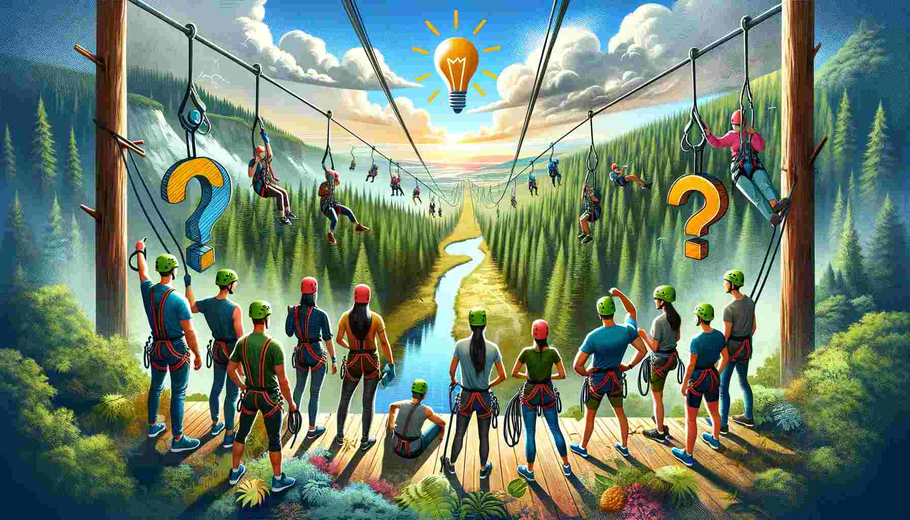 An image depicting a diverse group of people, varying in build and strength, preparing to zipline in a scenic forest. They wear helmets and harnesses, emphasizing safety and inclusivity. The zipline extends across a lush, green landscape with rolling hills, under a clear blue sky. Subtle icons like question marks and light bulbs are interspersed, symbolizing the myth-busting theme of the article 'Do You Have to Be Strong to Zipline? Unraveling the Myths and Realities', and the enlightenment about the accessibility of ziplining for all.