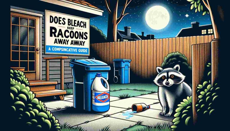 Cartoon-style illustration of a backyard at night, featuring a cautious raccoon looking towards a bottle of bleach placed near a trash can. The scene includes a wooden fence and bushes in a typical suburban setting, with the moon casting a soft glow. The title 'Does Bleach Keep Raccoons Away: A Comprehensive Guide' is displayed at the top in bold letters.