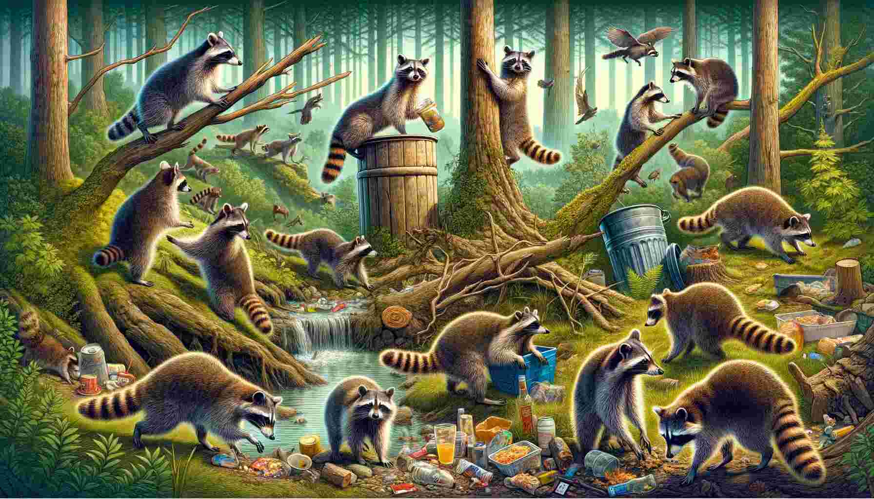 Here is the image depicting various aspects of raccoon behavior in their natural habitat. It showcases raccoons engaging in activities like foraging for food, climbing a tree, and socializing in a forest environment.