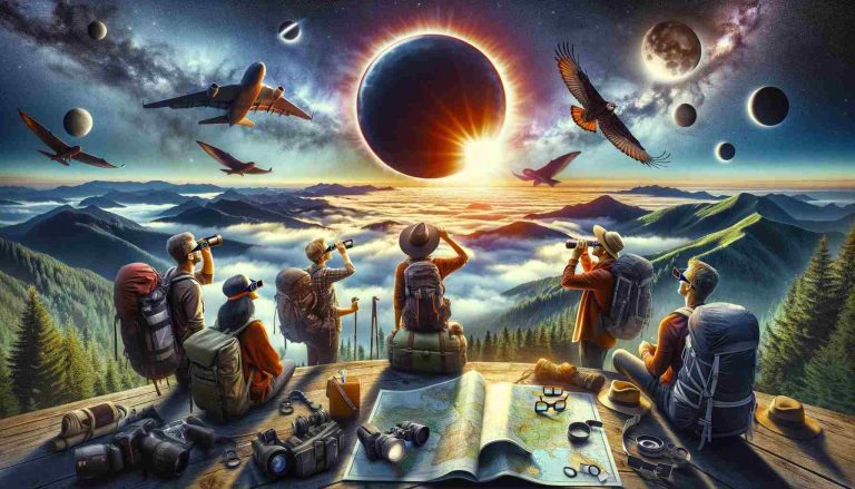 The image depicts a breathtaking solar eclipse viewed from a scenic landscape. In the foreground, a diverse group of people, equipped with special eclipse glasses, are seen marveling at the spectacle in the sky. The eclipse is detailed and realistic, with the sun's corona vividly visible around the obscured sun. The setting suggests adventure and travel, featuring items like backpacks, binoculars, and a map subtly placed around the viewers. The landscape is picturesque, possibly a hilly or a park-like environment, adding to the awe-inspiring experience of the eclipse. The image is vibrant and captures the excitement and wonder of witnessing a solar eclipse, emphasizing the visual elements without any textual distractions.