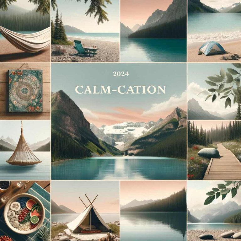 Tranquil scene for an article on calm-cations featuring a serene beach with gentle waves, a hammock strung between two trees, a yoga mat laid out on the sand, and a picturesque mountain landscape in the background. The setting is bathed in soft, soothing colors, evoking a sense of peace and relaxation, perfect for a calm-cation retreat. The composition harmoniously blends elements of nature, symbolizing a perfect destination for relaxation and reconnection with the natural world.