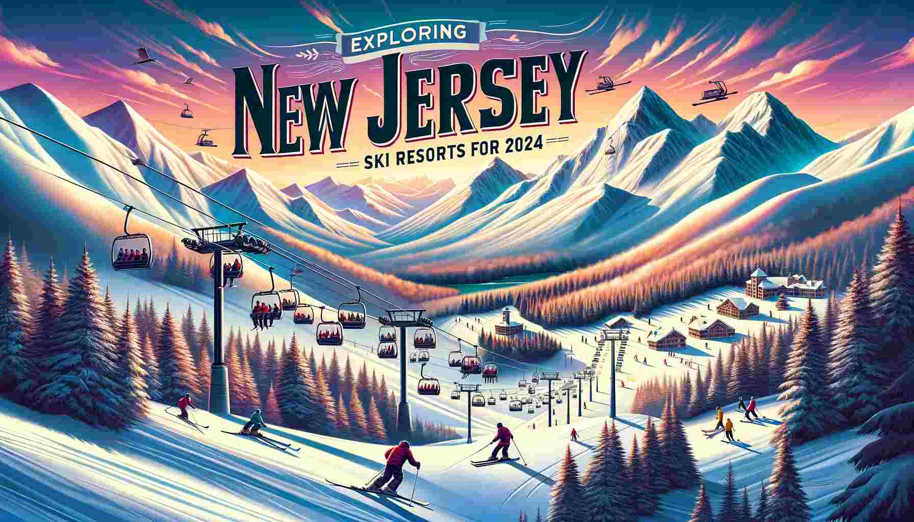 Here's the featured image showcasing New Jersey's best ski resorts for 2024. It depicts a scenic winter landscape with skiers, snowboarders, and the vibrant glow of a sunset over the snowy peaks.