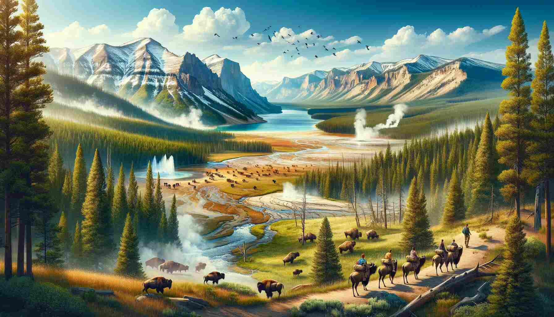 Here is the featured image for the article Exploring Yellowstone: The Best Day Hikes to Witness Wildlife Wonders. Panoramic view of Yellowstone National Park showcasing its diverse wildlife and geothermal features. The scene includes bison, elk, and birds in their natural habitat, with geysers and hot springs scattered throughout. Lush forests and rugged mountains create a majestic backdrop under a clear blue sky with wispy clouds. In the foreground, a group of hikers equipped with backpacks are seen on a trail, immersed in the beauty and adventure of Yellowstone's wilderness