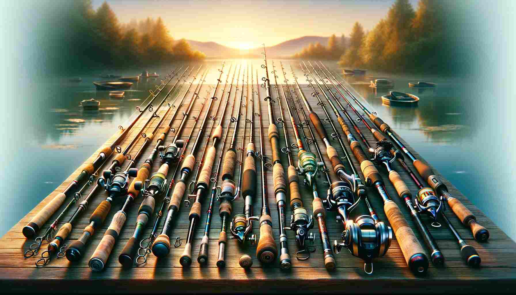 Assortment of 7-foot medium-light spinning and casting fishing rods, displayed in front of a serene outdoor scene with a calm lake, distant mountains, and a soft morning sky, highlighting the detailed craftsmanship of the reels and handles