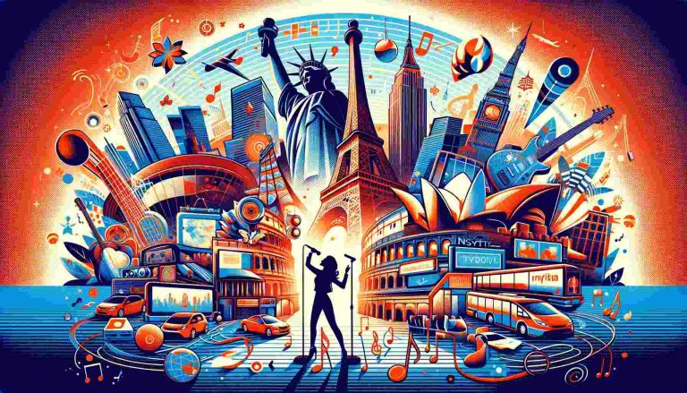 Here is a vibrant and detailed image for an article about a world music tour, showcasing a collage of iconic outdoor attractions from various cities around the world and a subtle musical theme.