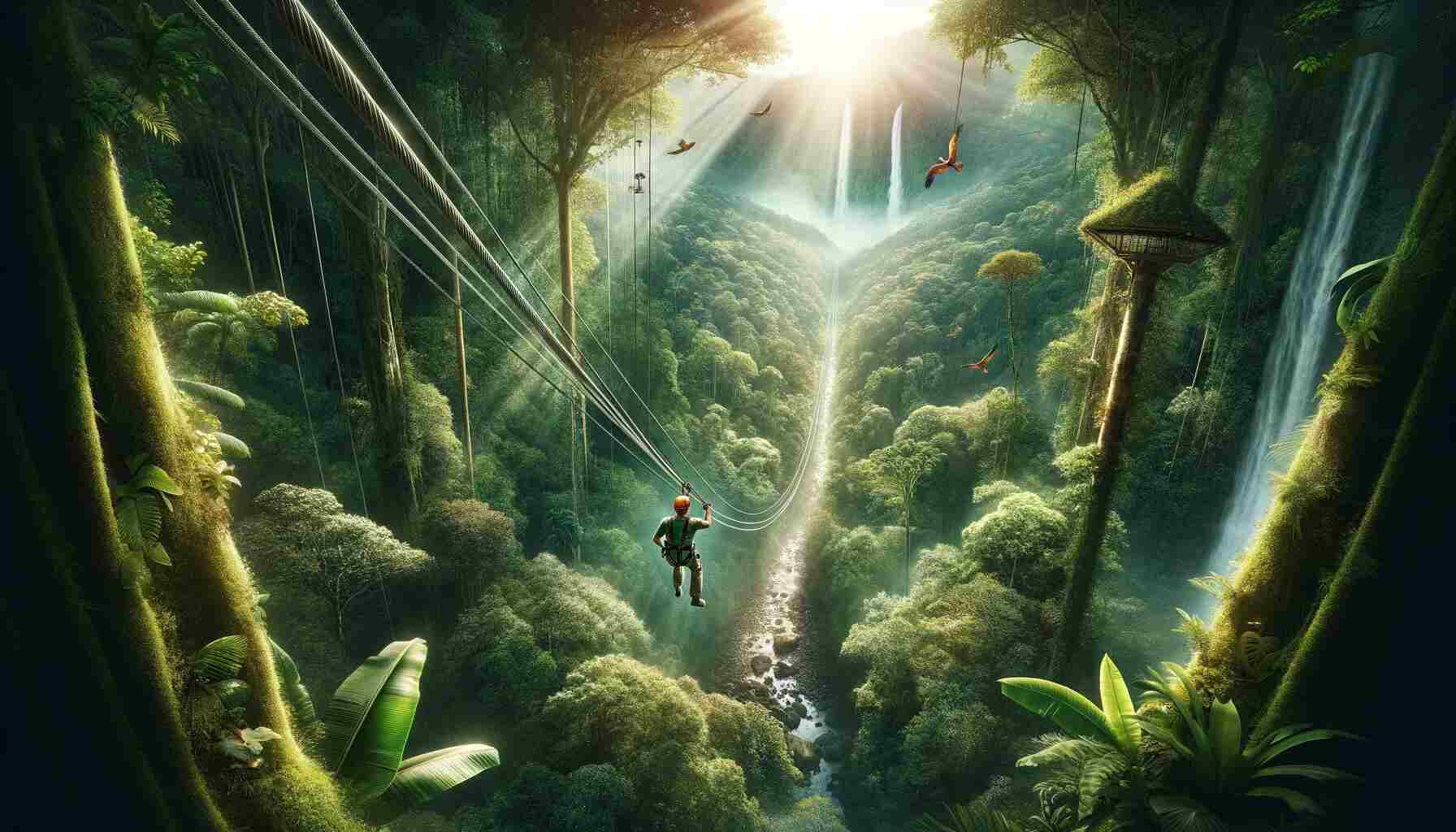 The author of this article ziplining over a lush rainforest canopy, with sunlight filtering through towering trees and a distant waterfall visible in the background. The scene is vibrant with tropical foliage, exotic birds, and a sense of exhilarating speed and height.