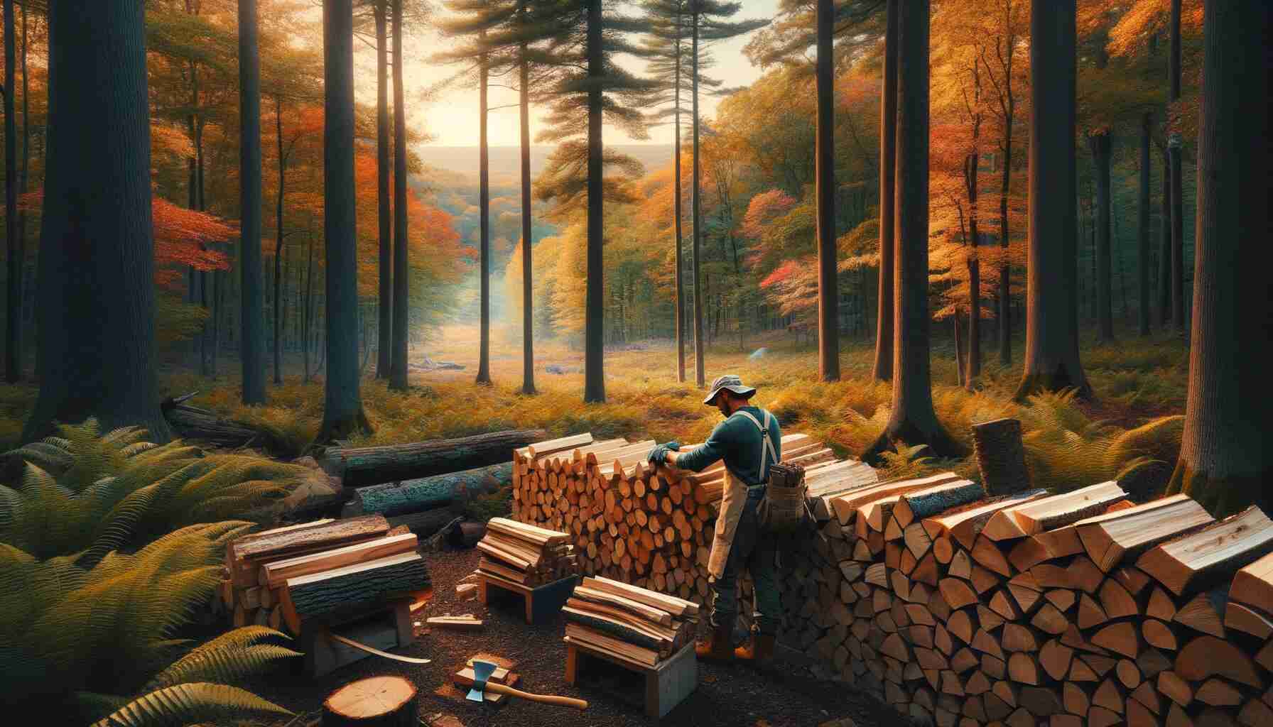 Person selecting the best firewood in a tranquil New Jersey forest during autumn, with colorful trees and warm late afternoon light.