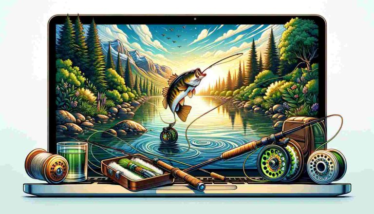 Scenic river landscape with a fly fisherman reeling in a bass, surrounded by lush greenery and calm waters, embodying the tranquility and thrill of bass fly fishing.