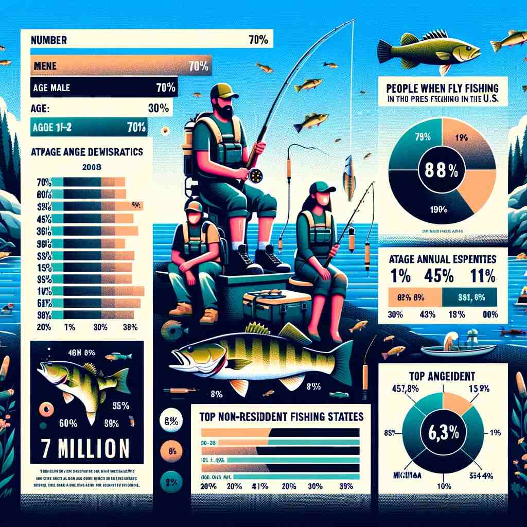 Here is the infographic visually representing key statistics about the popularity and demographics of fly fishing for bass. This graphic includes data points on the growing number of fly fishing enthusiasts, gender demographics, age distribution, average annual spending by anglers, and top non-resident fishing states. The use of bar graphs, pie charts, and icons in an outdoor sports theme color scheme makes the information easy to understand and visually appealing.