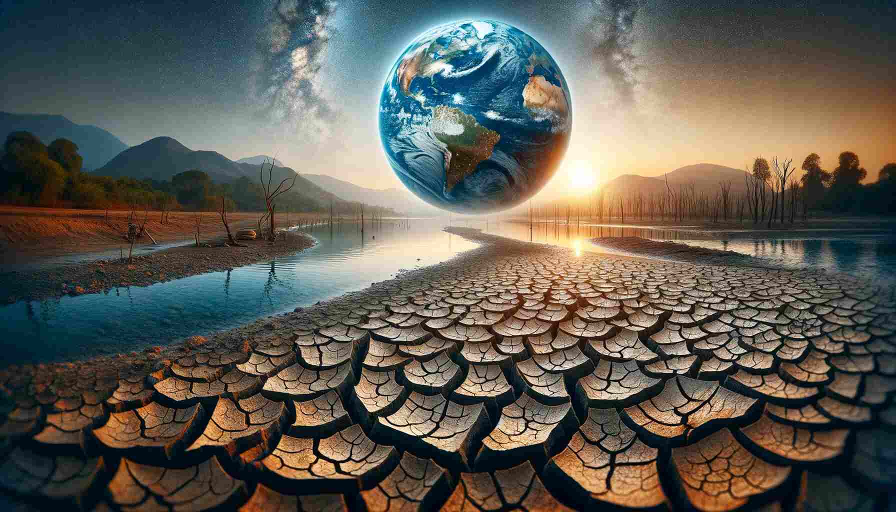 A stark image depicting the global groundwater crisis, with a parched and cracked earth surface symbolizing depleted aquifers. The landscape features dried-up riverbeds, withered plants, and a drought-affected backdrop. In the background, a representation of the Earth highlights the worldwide scale of this environmental issue, emphasizing the urgency and global impact of groundwater depletion.