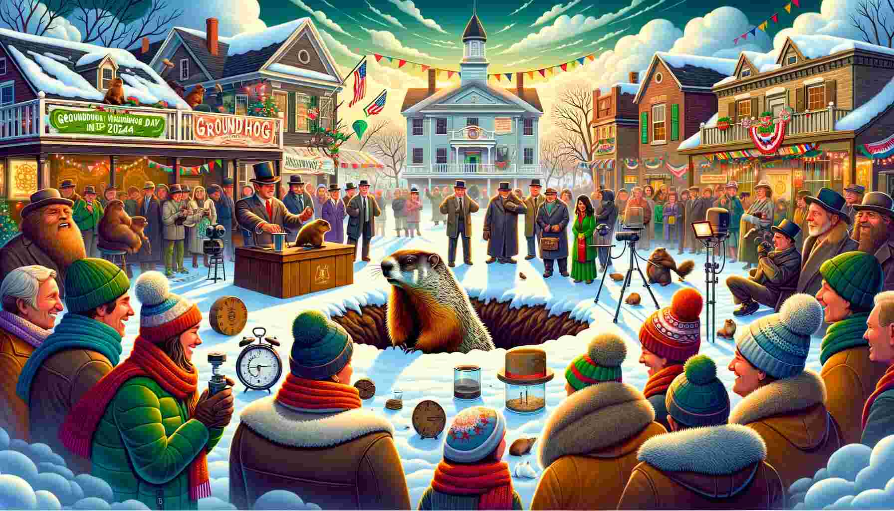 An illustration for Groundhog Day 2024 showing a small-town setting in early morning. At the center, a groundhog emerges from its burrow, surrounded by a diverse crowd in winter attire, eagerly anticipating its shadow prediction. Festive banners and decorations celebrating Groundhog Day adorn the scene, blending traditional and modern elements. In the background, scientists with weather instruments and laptops monitor the event, adding a scientific dimension. The partially cloudy sky adds suspense to the scene. The mood is cheerful and anticipatory, embodying the spirit of Groundhog Day.