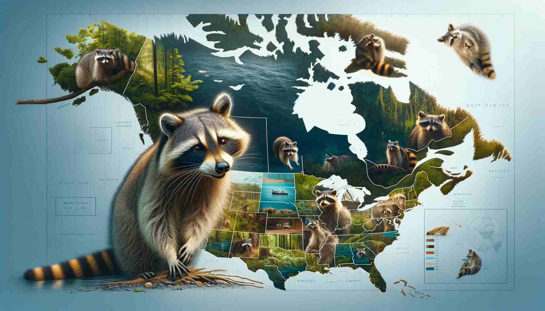 Here is the composite image featuring the habitat and distribution of raccoons. It includes a map showing the natural range of raccoons in North America, from Canada to Panama, and insets displaying raccoons in various habitats like forests, wetlands, and urban areas. This visual highlights the adaptability of raccoons to different environments and their widespread presence across North America.