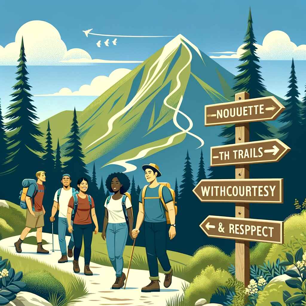 Feature image for 'Hiking Etiquette: Navigating the Trails with Courtesy and Respect' showing a serene mountain trail winding through a lush green forest under clear blue skies. A diverse group of hikers, including a Black woman, an Asian man, and a Hispanic woman, are smiling, following trail signs, and demonstrating good trail manners. One hiker steps aside to let another pass. They're equipped with backpacks and hiking gear. The image includes the title in an elegant, nature-inspired font at the bottom.