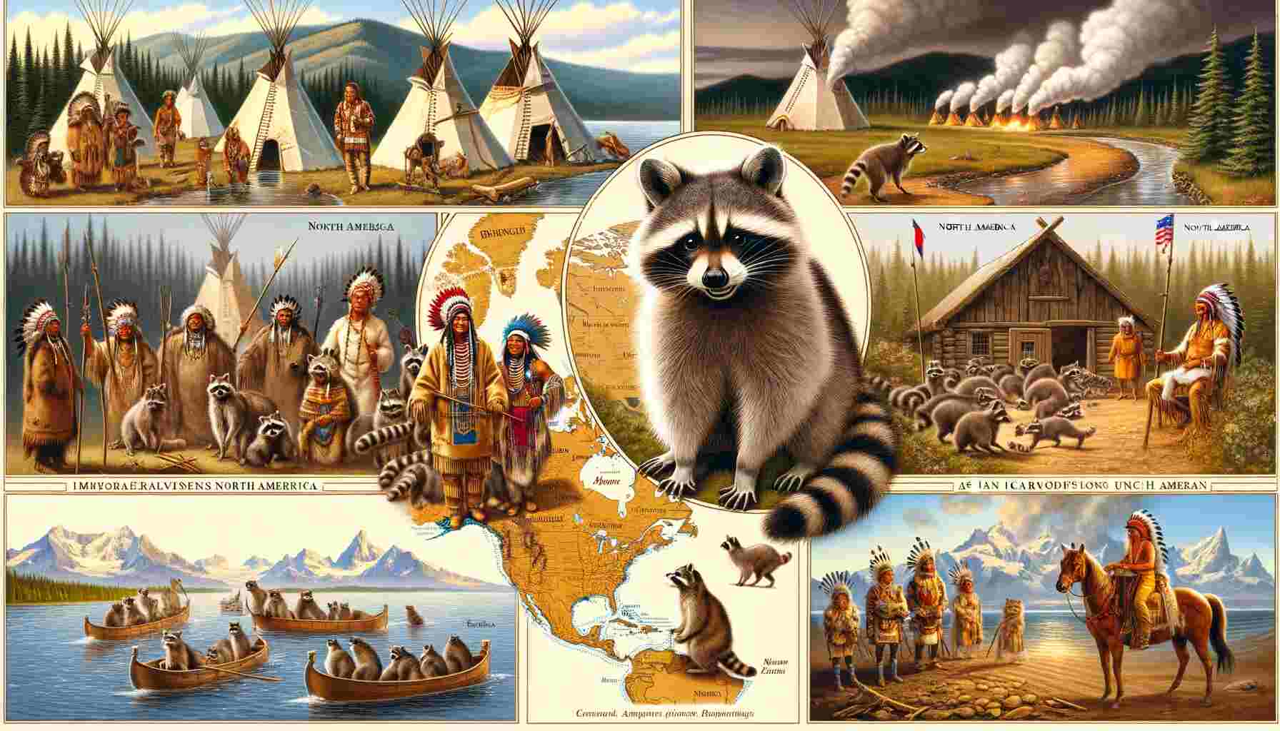 Here is the illustration depicting the historical background of raccoons. It shows raccoons in North America interacting with Native American tribes and their introduction to Europe and Asia, symbolizing their spread beyond North America and interactions with different human cultures.