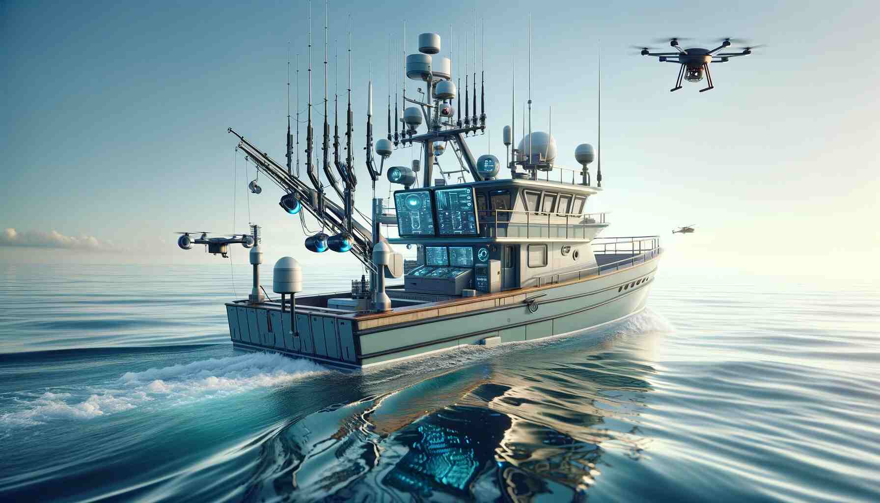 Here is the featured image for How AI and Tech are Transforming Fishing, depicting an advanced fishing boat equipped with modern AI technology, complete with sonar systems and underwater cameras. The serene ocean setting and the presence of a drone near the boat visually represent the blend of traditional fishing methods with futuristic technology.