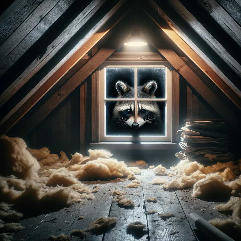 Here's the feature image for How Do You Get Raccoons Out of Your Attic? IDimly lit attic with signs of raccoon presence including footprints and scattered insulation, and a shadowy raccoon figure near an open window