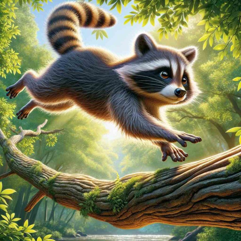 Here's the feature image for How Far Can a Raccoon Jump depicting a raccoon in mid-jump between tree branches, showcasing its jumping abilities in a lush forest setting.
