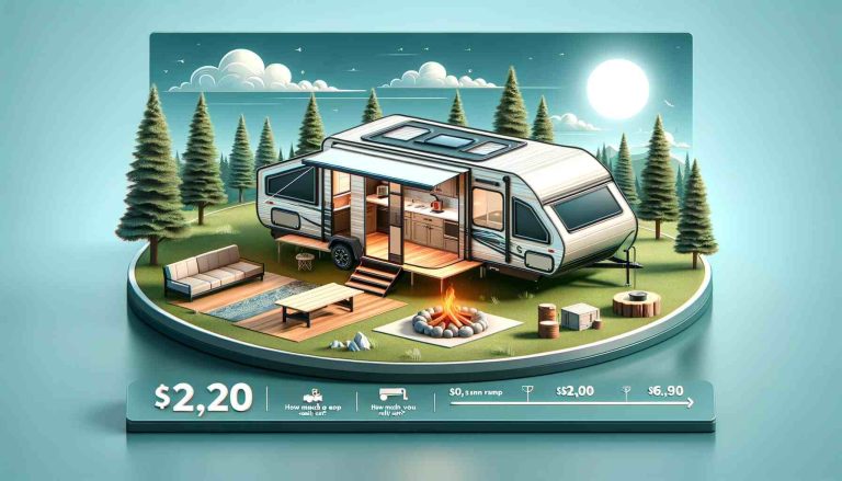 This is the featured image for "How Much Does A Pop-Up Camper Really Cost?" with a picturesque camping setting. The image includes a pop-up camper in a serene and inviting scene, complete with trees, a campfire, and a clear blue sky.