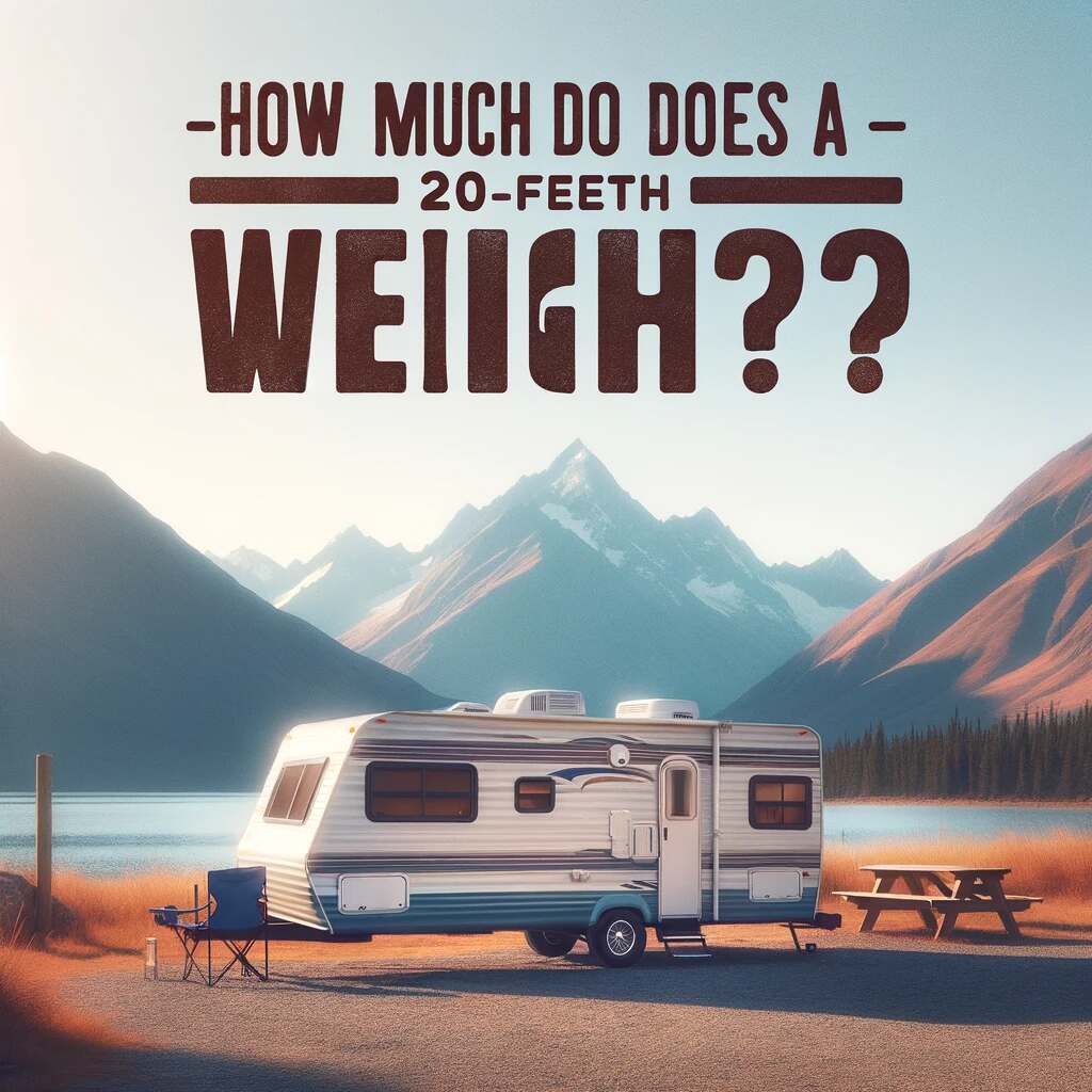 Here is a feature image for "How Much Does a 20-Foot Camper Weigh?" showing a 20-foot camper in a scenic outdoor setting with the title displayed at the top.