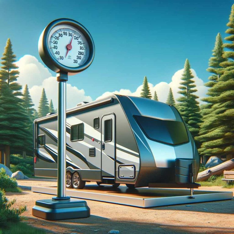 Here is a feature image illustrating the concept of measuring the weight of a 30-foot camper in a scenic outdoor setting.