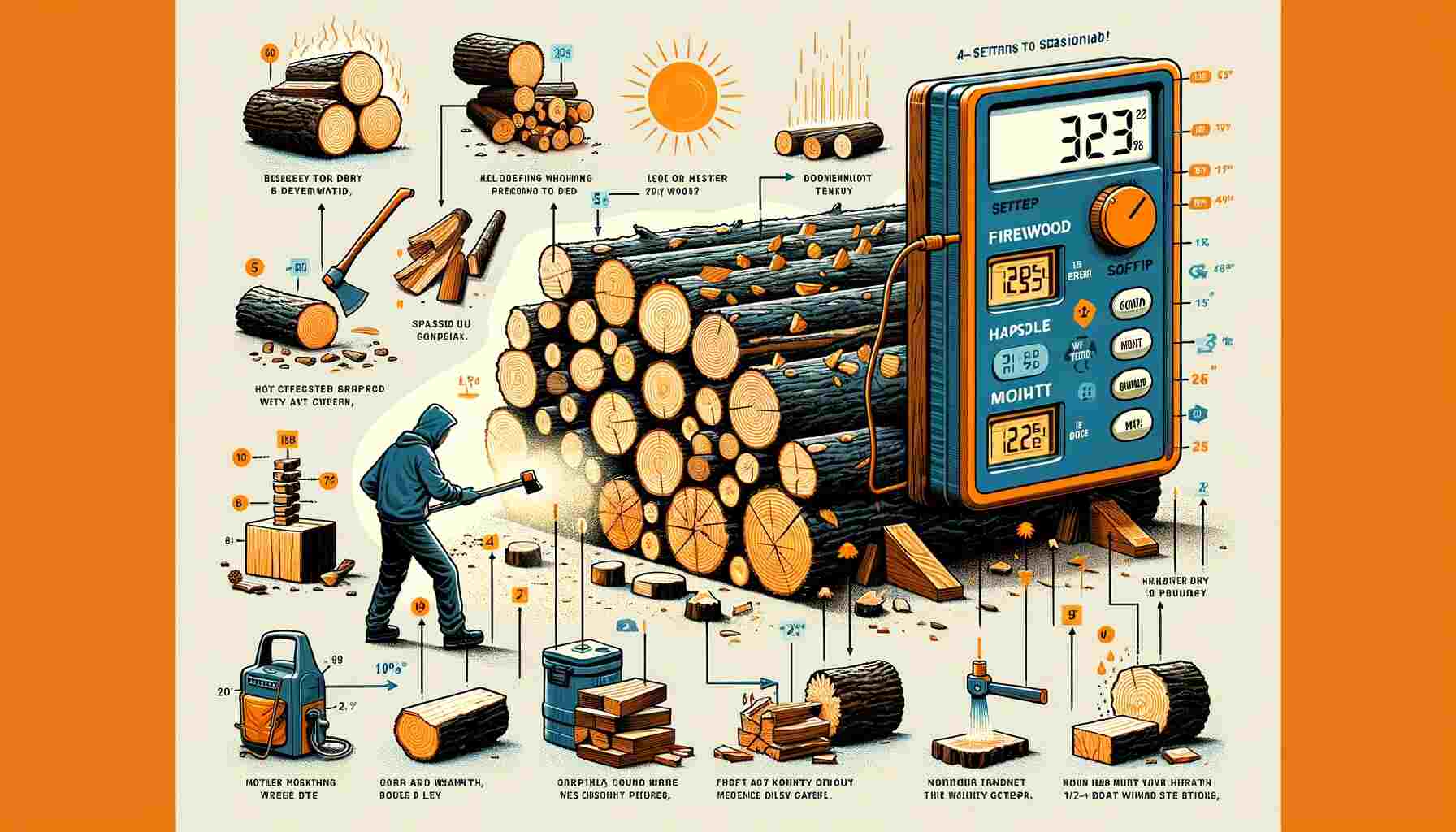 Here is an image that visually represents the step-by-step process of drying firewood quickly, covering all the key steps from selecting the right type of wood to testing for dryness.