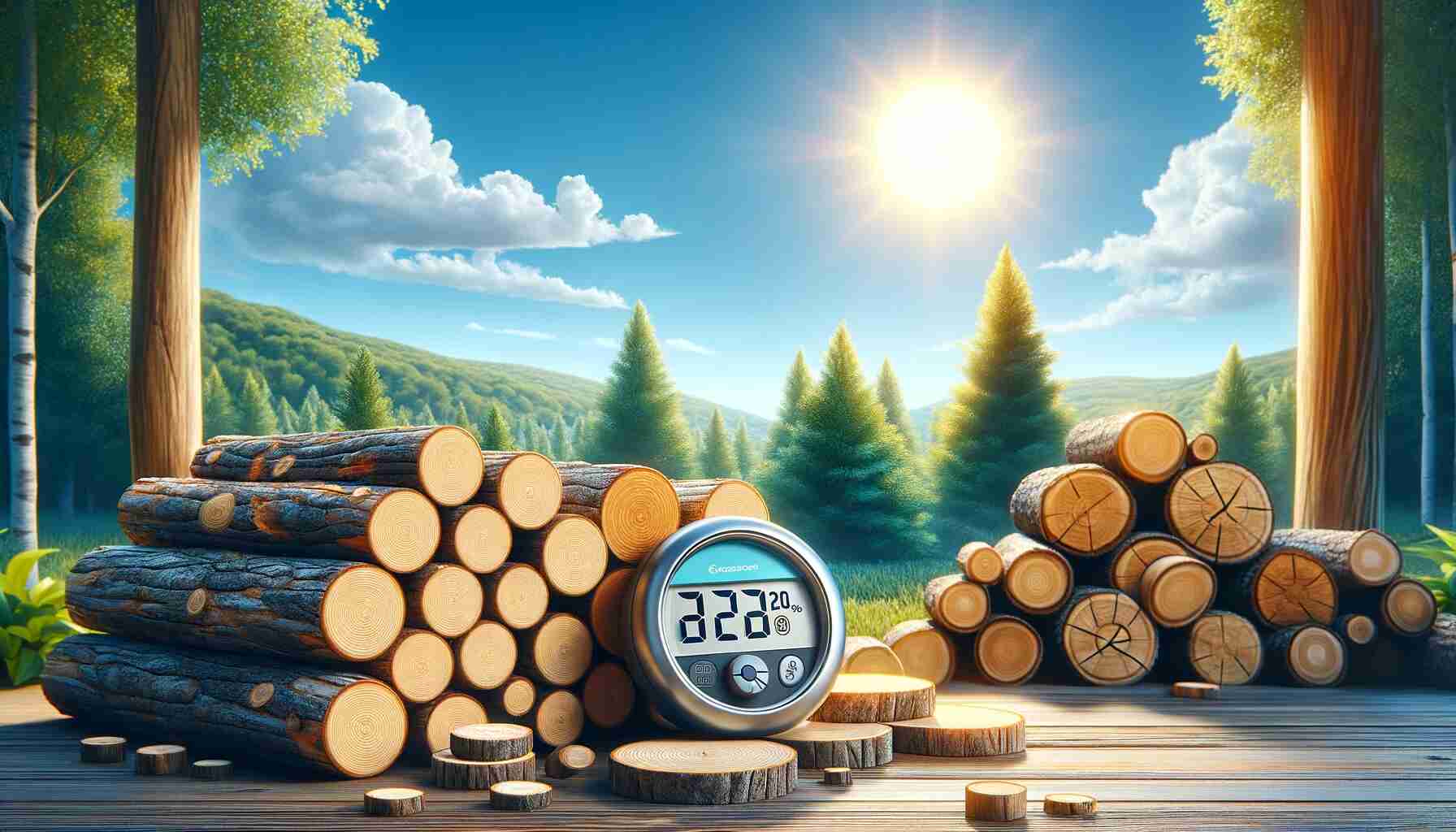 Here is the featured image for "How to Dry Firewood Quickly: Tips and Techniques." It depicts an outdoor scene with neatly stacked logs of firewood under a bright sun, highlighting the natural drying process, and includes a digital hygrometer showing low humidity, set against a backdrop of a lush forest and clear blue sky.