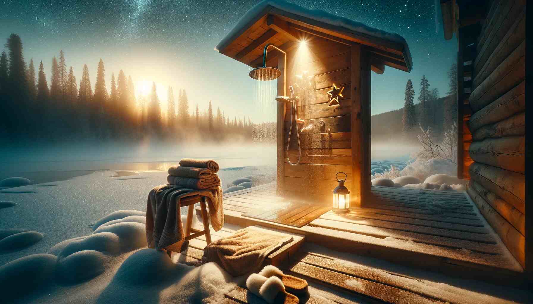 Feature image for How to Enjoy an Outdoor Shower in Winter: Solved. Cozy outdoor wooden shower in a snowy landscape at night, with steam rising from warm water, surrounded by soft, glowing lights. A clear starry sky is overhead, and the ground is covered in snow. In the foreground, a plush towel and comfortable slippers await on a wooden stool.
