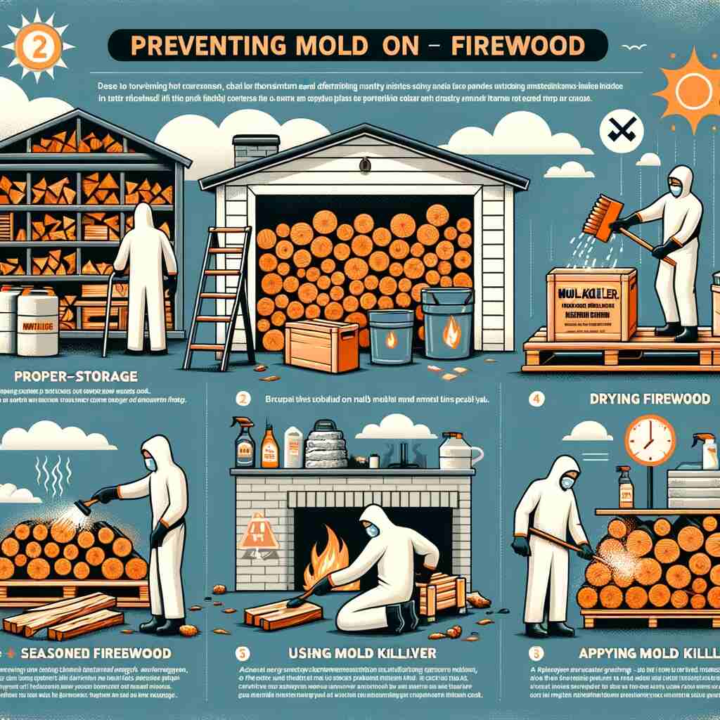 An informative infographic displaying key steps for preventing and eliminating mold on firewood. The first section depicts proper storage, showing a well-ventilated, covered area with firewood elevated on pallets or racks. The second section illustrates handling moldy firewood, with a person in protective gear (gloves, mask) brushing off mold from a log and a spray bottle with a mold-killing solution nearby. The third part shows the drying process, with firewood spread out in a sunny, open area, emphasizing the importance of sunlight and airflow. The fourth section highlights the use of seasoned firewood, showcasing stacks with reduced moisture content. Lastly, the infographic depicts the application of mold killer on the surface of firewood. The overall design is clear, easy to understand, and educational, offering a visual step-by-step guide to managing mold on firewood.