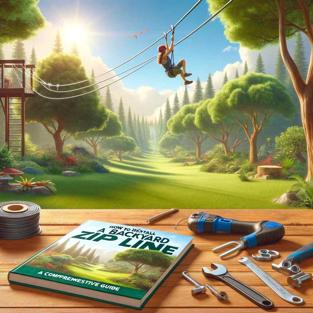 Here's the feature image for "How to Install a Backyard Zip Line: A Comprehensive Guide". It depicts a serene backyard with a newly installed zip line and a guidebook detailing the installation process.