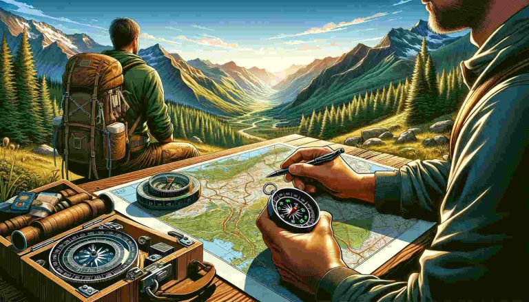 Here is the featured image for “How to Read a Map and Use a Compass While Hiking”. The image illustrates a hiker in a mountainous landscape, actively consulting a map and holding a compass, which emphasizes the importance of navigation skills during hiking adventures.