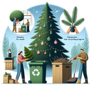 Here's an illustrated guide showing various eco-friendly methods for disposing of a Christmas tree, including composting, recycling, repurposing, and planting.
