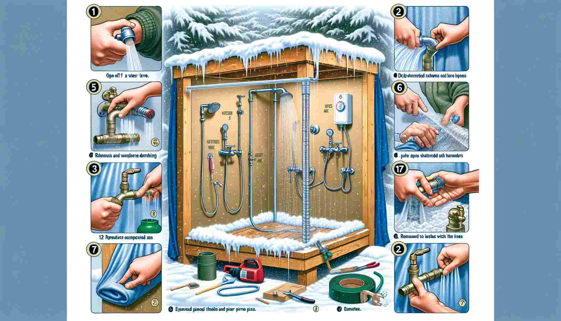 Here is an image representing the steps to winterize your outdoor shower. It visually depicts each step of the process in a clear and sequential manner.