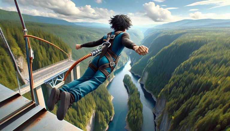 Here is the featured image for "Is Bungee Jumping Scary?" showcasing a person preparing to jump off a high bridge, set against a backdrop of a deep gorge, a flowing river, and lush green forests. The scene captures the excitement and fear associated with bungee jumping.