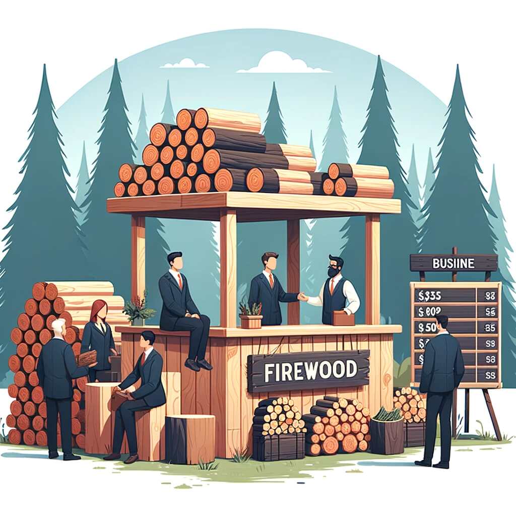 Here's a feature image depicting the business of selling firewood. It showcases a robust firewood stand, various types of neatly stacked logs, a sign displaying prices, and a friendly salesperson interacting with a diverse group of customers, all set against a forest background. This scene conveys a sense of entrepreneurship and environmental responsibility.