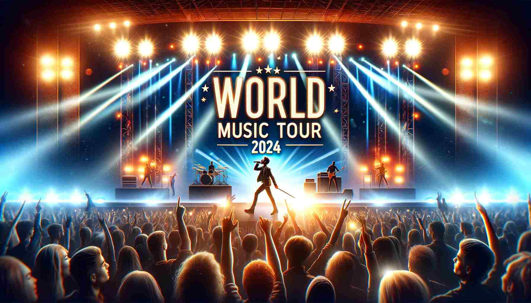 Dynamic stage at a 2024 world music tour concert, featuring bright lights, a lively crowd in the foreground, and a charismatic performer engaging with the audience. The image radiates energy and excitement, with 'World Music Tour 2024' in bold, stylish font overlaying the festive scene.