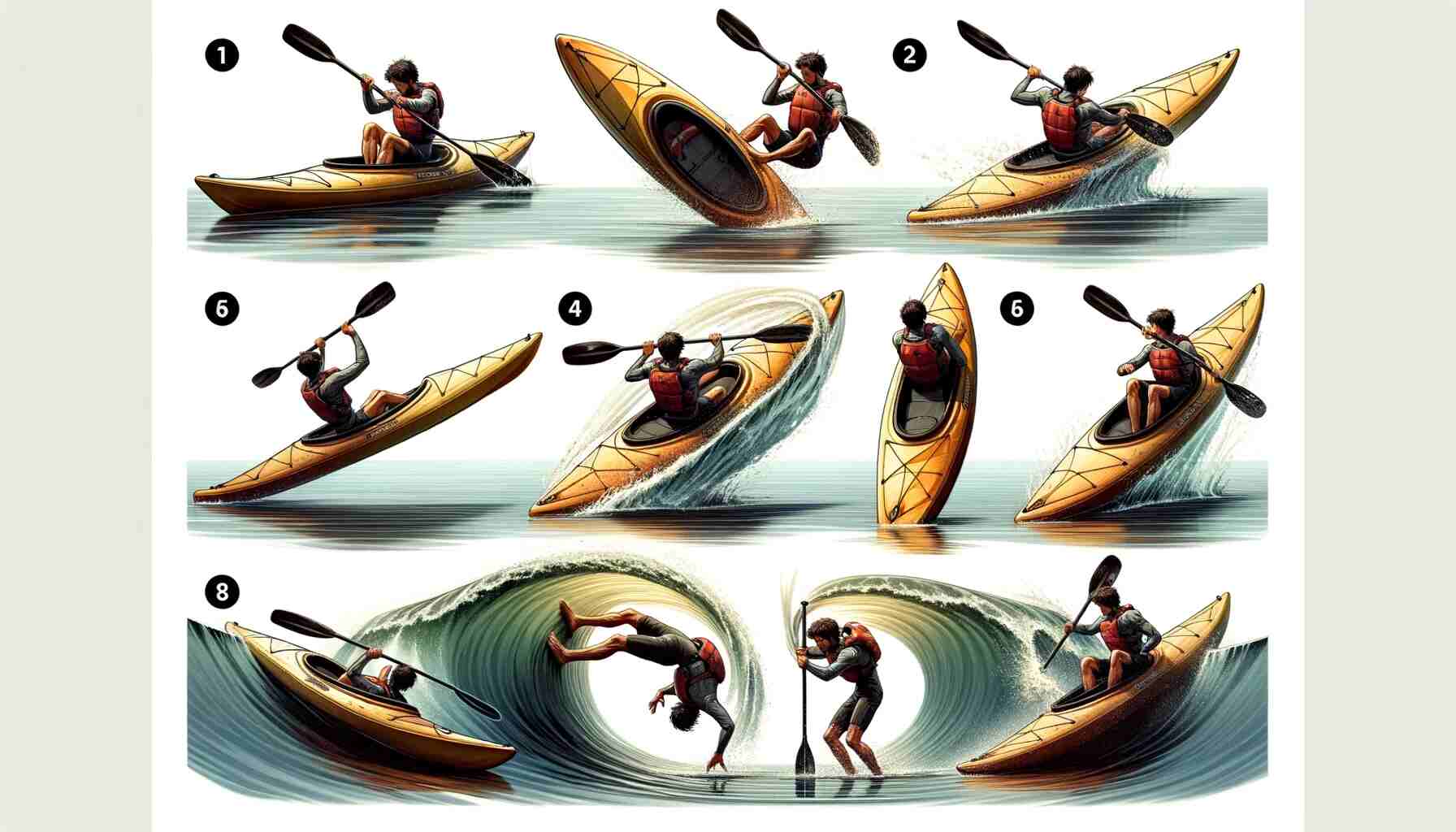Sequential illustration of the five steps in Kayak Rolling 101. 1) Set Up: A kayaker in a blue kayak, positioned correctly with the paddle held horizontally. 2) Capsize: The same kayaker intentionally tipping the kayak sideways, beginning to submerge. 3) Sweep: The kayaker uses a sweeping motion with the paddle in the water. 4) Hip Snap: Mid-roll, focusing on the kayaker's hips and lower body as the kayak flips upright. 5) Recovery: The kayaker returns to a stable, upright position, adjusting posture and paddle.
