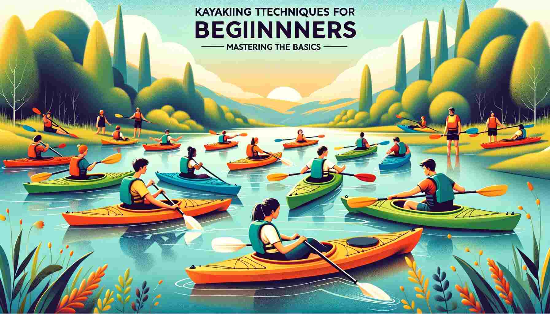 Beginner kayakers of various descents and genders learn techniques on a serene lake. Colorful kayaks dot the calm water as instructors demonstrate paddling and safety. The surrounding nature is lush and green. 'Kayaking Techniques for Beginners: Mastering the Basics' is written at the top.