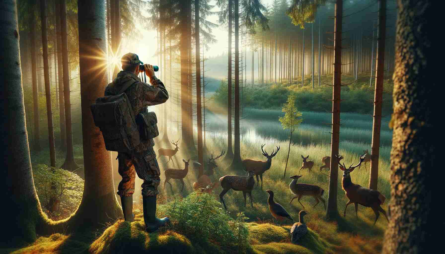 Serene forest landscape at dawn with soft sunlight filtering through trees. In the foreground, a responsible hunter in camouflage observes wildlife through binoculars, surrounded by diverse wildlife including deer and birds in their natural habitat, highlighting the respect for nature and wildlife conservation.