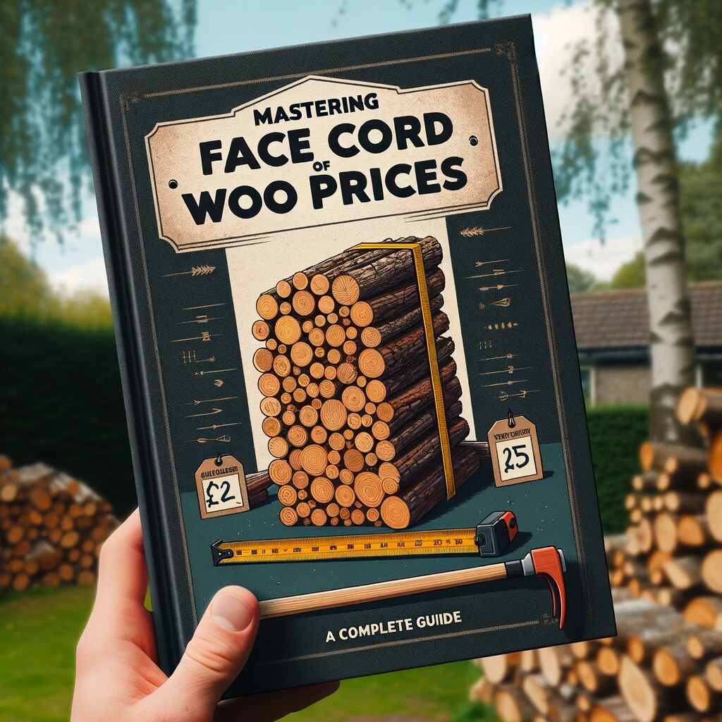 An educational guide cover featuring a neatly stacked pile of firewood in an outdoor setting with trees. A measuring tape and price tags are visible on the wood. The title "Mastering Face Cord of Wood Prices: A Complete Guide" is displayed at the top in bold lettering.