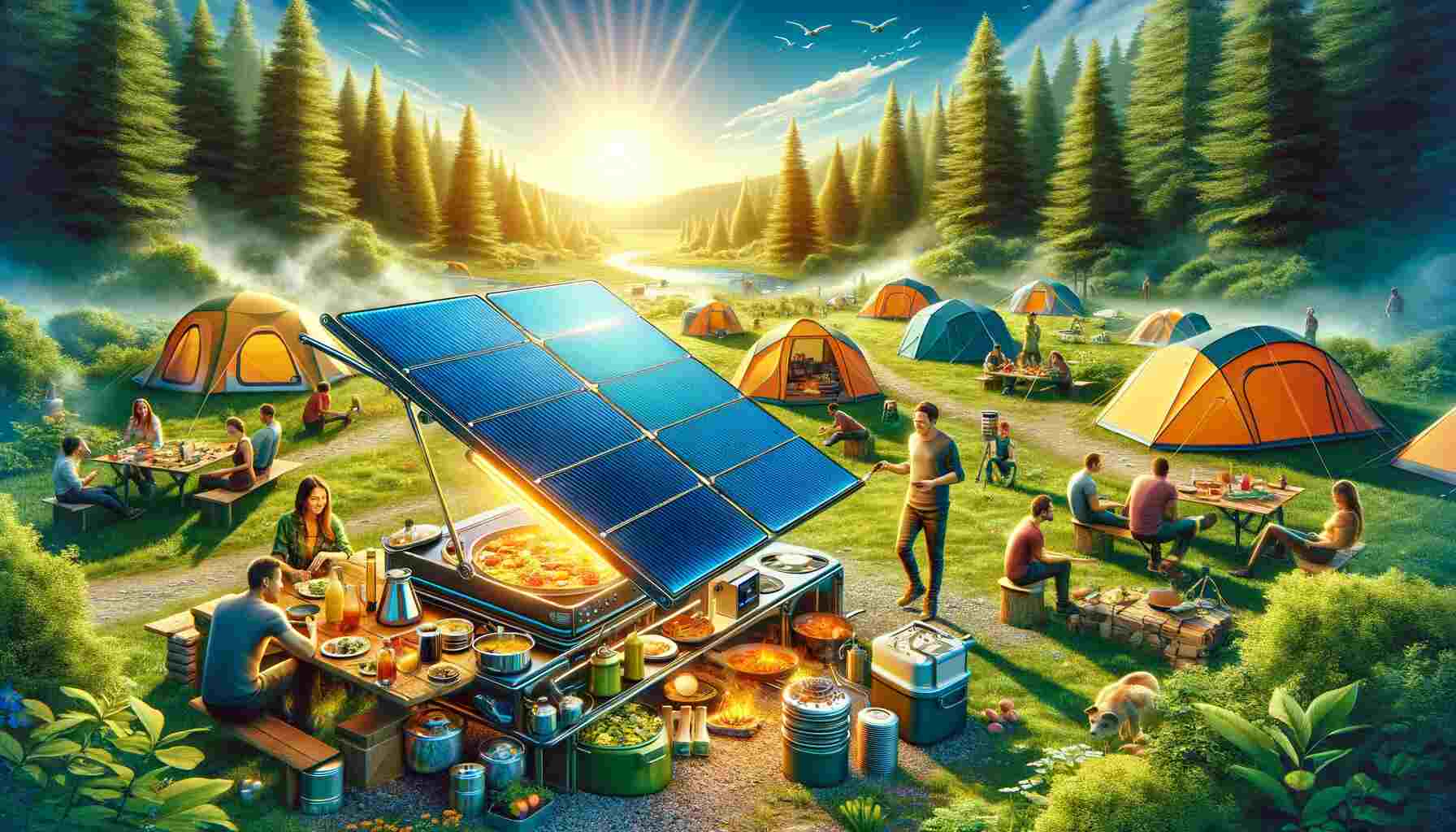 Here is the featured image showcasing solar cooking while camping in 2024. It vividly captures the scene with campers gathered around a modern solar cooker, set against a scenic camping site.