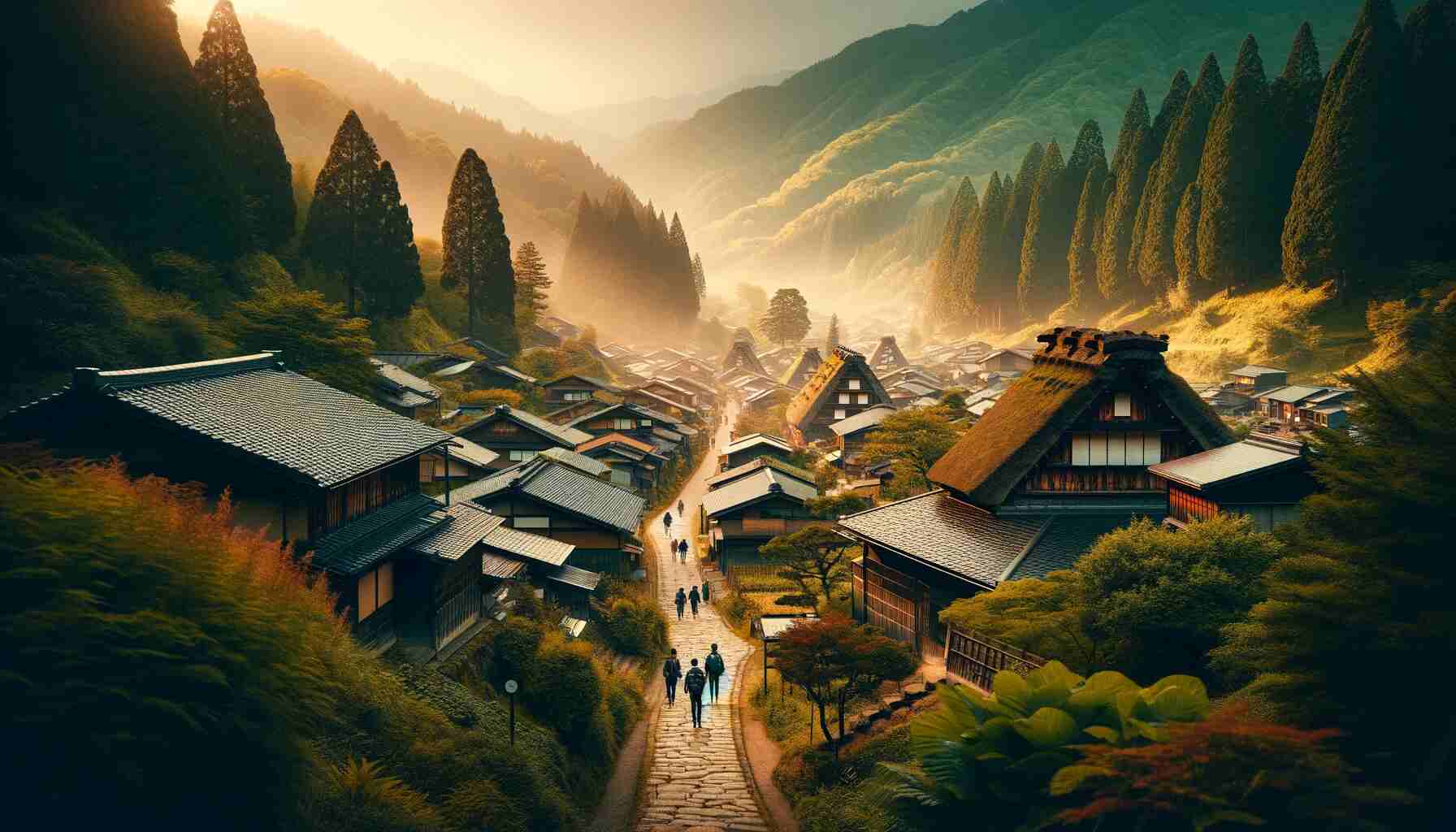This image captures the historical and cultural essence of the Nakasendo Trail in Nagano, Japan, featuring the picturesque villages and countryside between Magome and Tsumago.