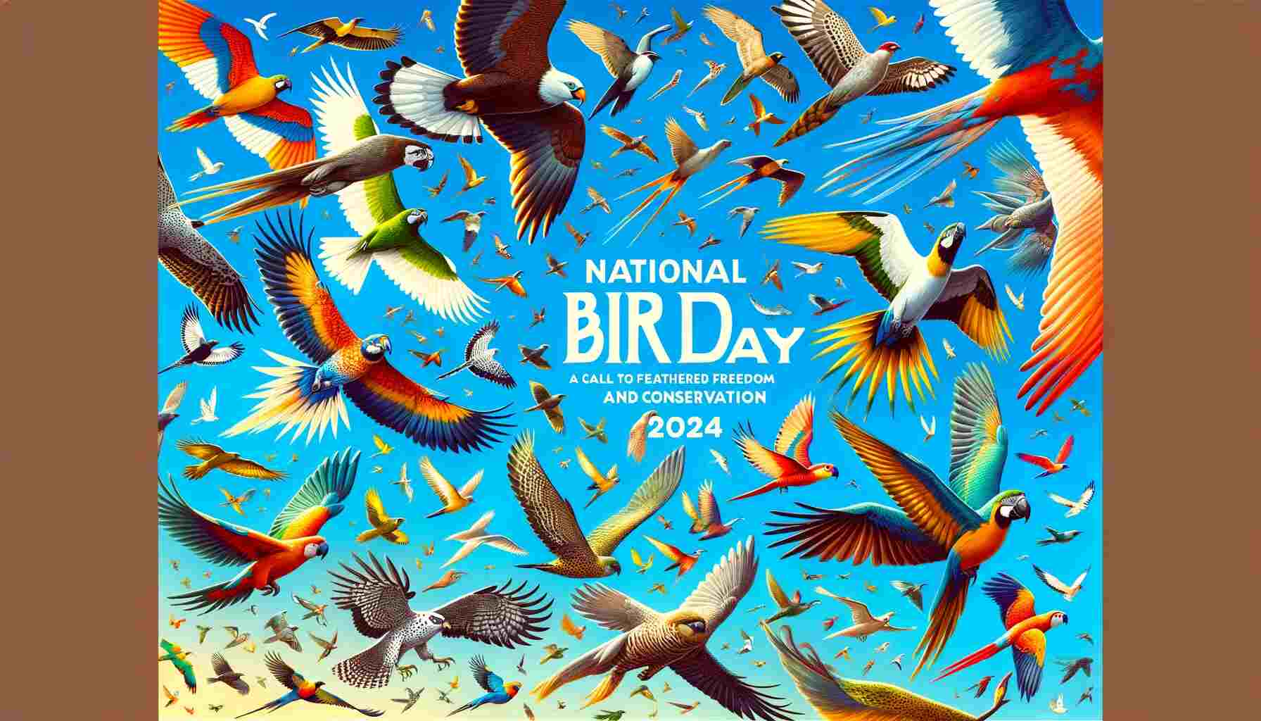 Here's the featured image for "National Bird Day 2024: A Call to Feathered Freedom and Conservation." It depicts a vibrant array of birds in flight against a clear blue sky, symbolizing freedom and diversity, with the event title prominently displayed.
