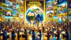 An illustration celebrating 'National Geographic Day' with a diverse group of people of various ages and ethnicities gathered around a brightly lit globe. They are engaged in educational activities, examining maps and wildlife photographs, within a frame that features the iconic National Geographic yellow border. The background showcases projected images of wildlife, nature, and different cultures, highlighting the magazine's focus on exploration and education. The atmosphere is lively, embodying community learning and global awareness.