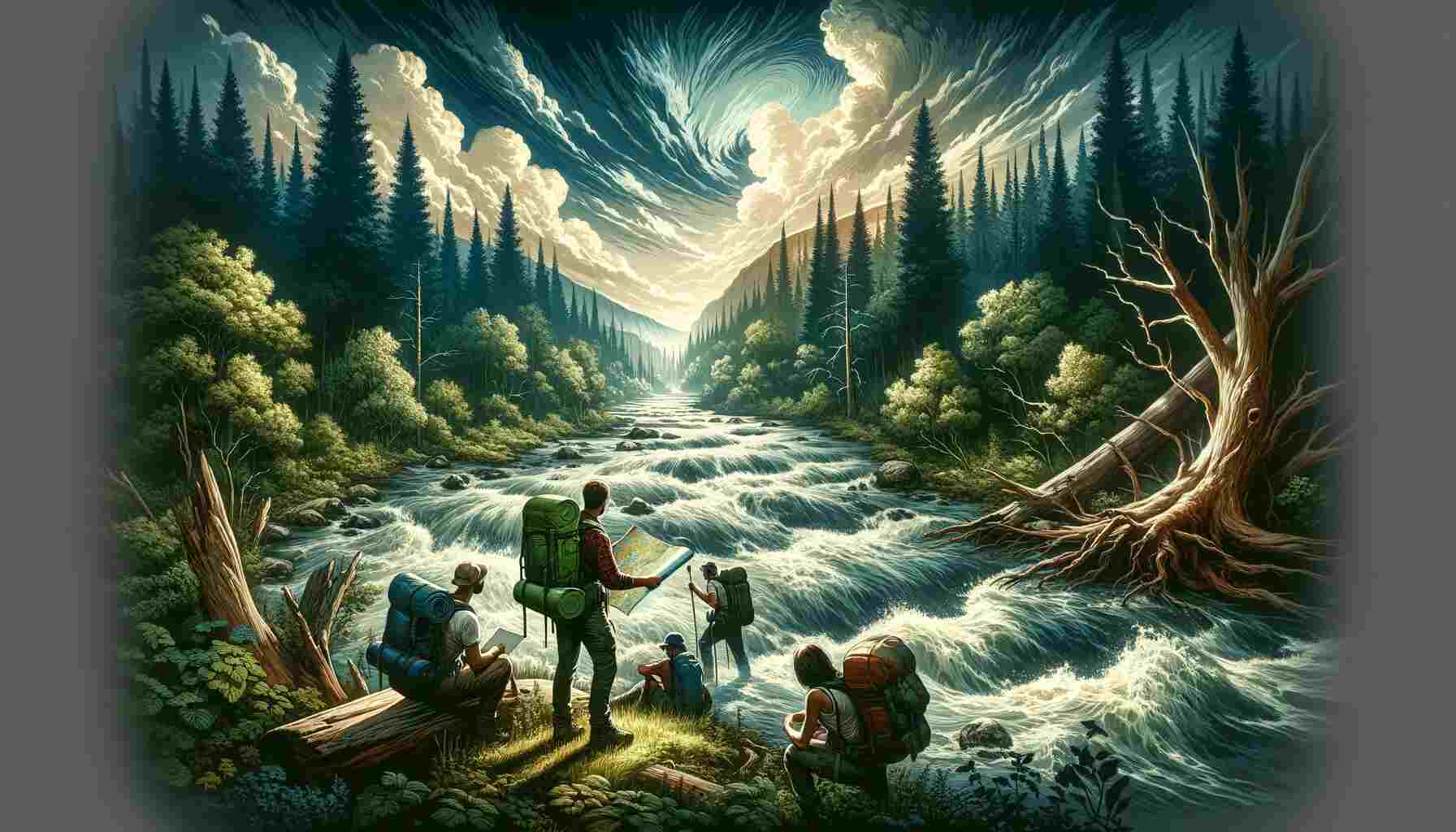 Here's the featured image for the guidebook "Navigating the Rising Tide: A Guide to Flash Flood Safety for Outdoor Enthusiasts." The image showcases a lush forest landscape with a rapidly flowing river, hinting at the onset of a flash flood, and a group of outdoor enthusiasts consulting a map in the foreground. This scene aims to convey both the beauty of nature and the importance of being prepared for flash flood conditions.