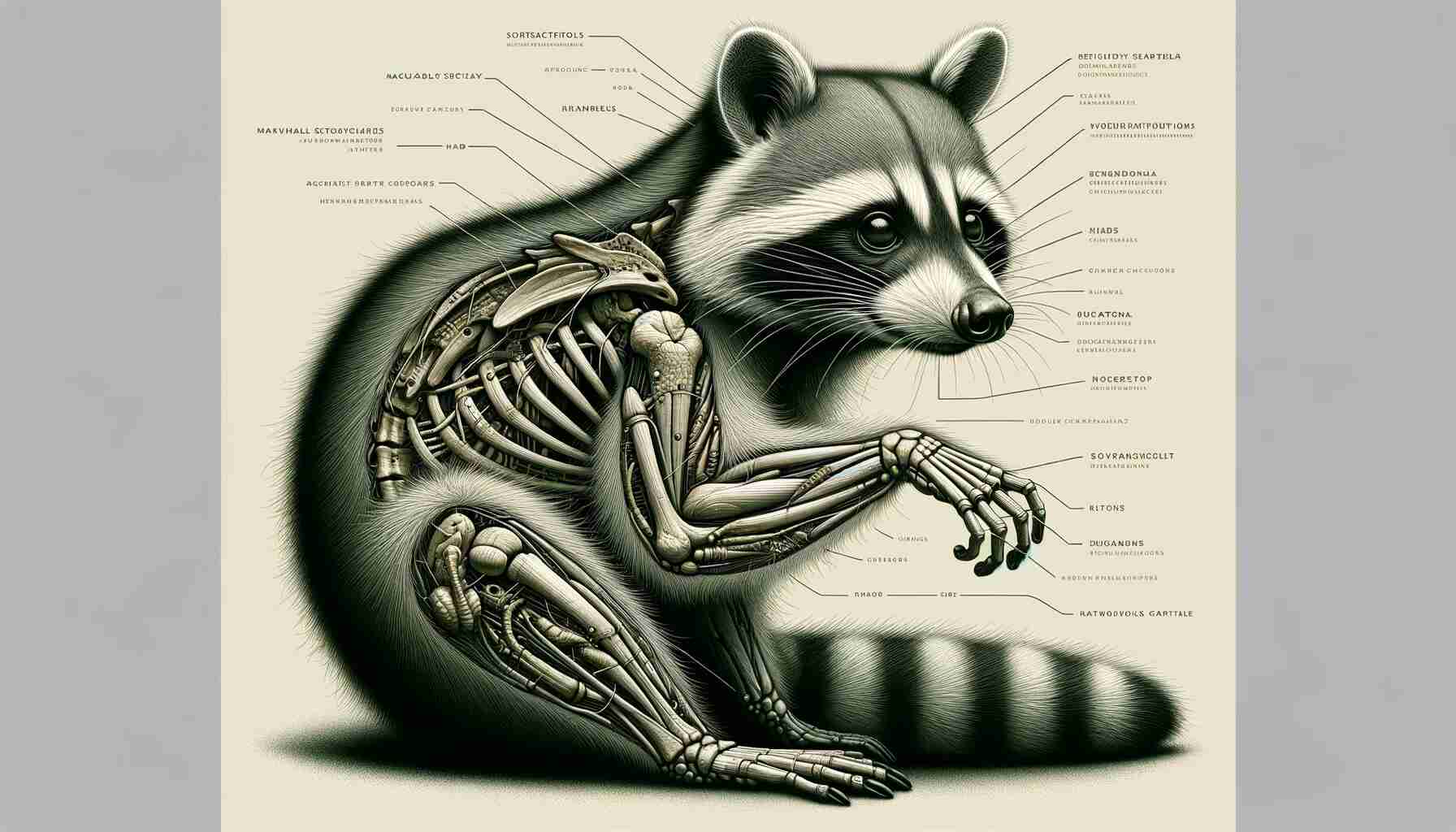 Here is a detailed image focusing on the physical attributes of raccoons, specifically their anatomy. It includes representations of the raccoon's skeletal and muscular systems, highlighting their structure and strength. The image also showcases the raccoon's dexterous hands and sensory organs, such as their eyes and ears, illustrating their adaptations for nocturnal activities. This visual provides an educational insight into the unique physical characteristics of raccoons.