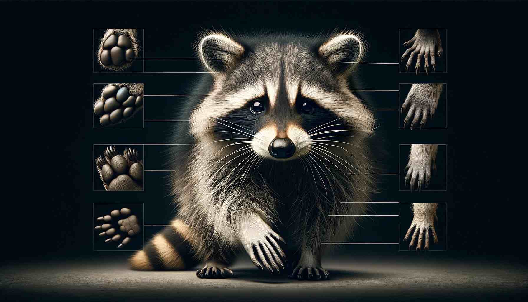 Here is a close-up image of a raccoon that showcases its physical characteristics in detail. This visual highlights the raccoon's size, the texture of its fur, its distinctive facial features including the black mask and white cheeks, the dexterity of its front paws, and its bushy, ringed tail. The image provides a clear view of these features, emphasizing the unique adaptations and appearance of the raccoon in its natural setting.