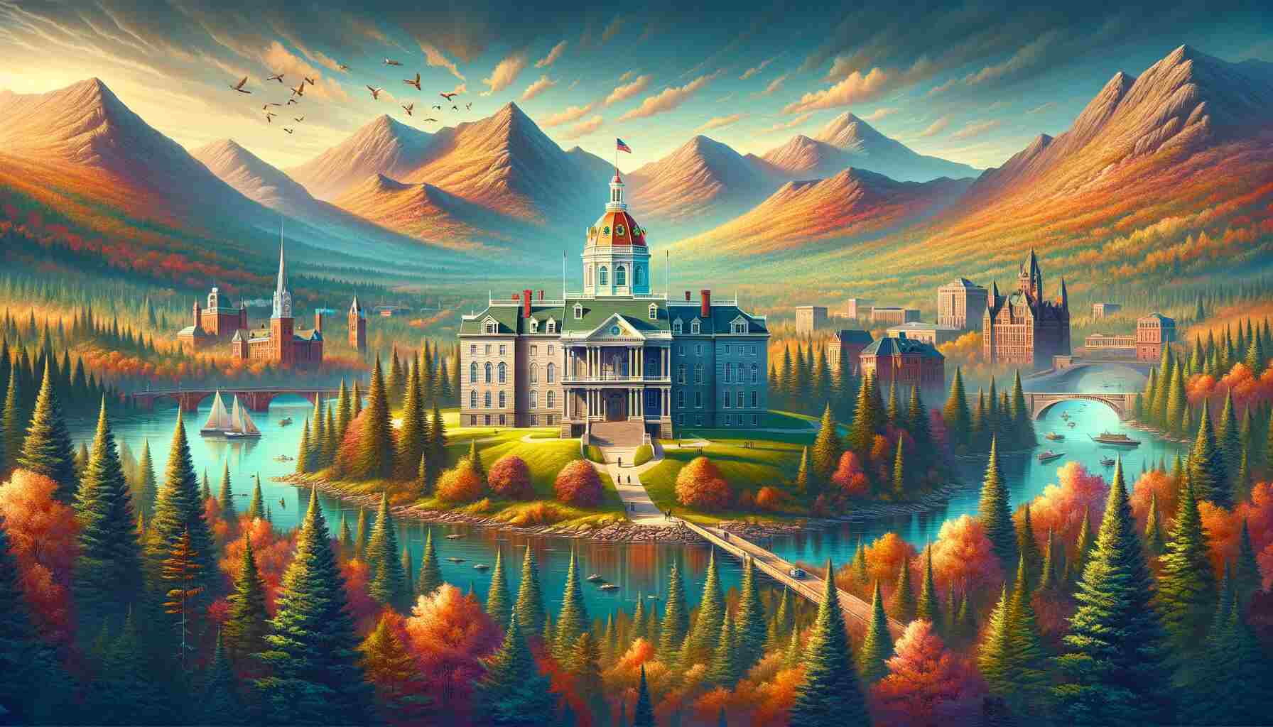 Here is the featured image for "Political Landmarks and Natural Wonders: A Travel Guide for New Hampshire". This image combines the scenic beauty of New Hampshire's natural landscapes with its iconic political landmarks, set in a vibrant autumn setting. It's designed to be suitable for a travel guide cover, balancing nature and architecture.