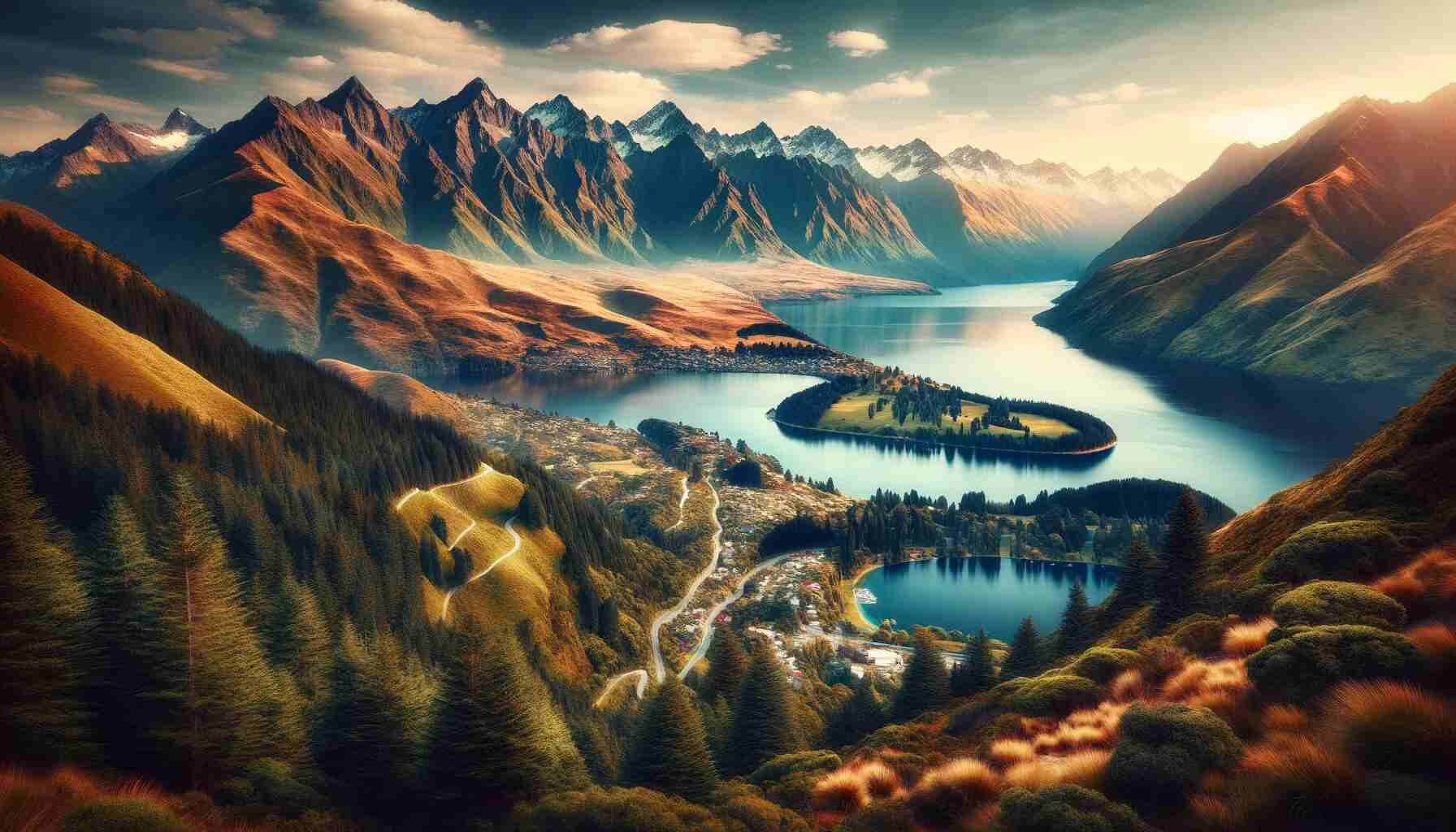 This image is highlighting the alpine scenery around Queenstown, New Zealand. It showcases Lake Wakatipu, the Remarkables mountain range, and elements of the Routeburn and Milford Tracks.