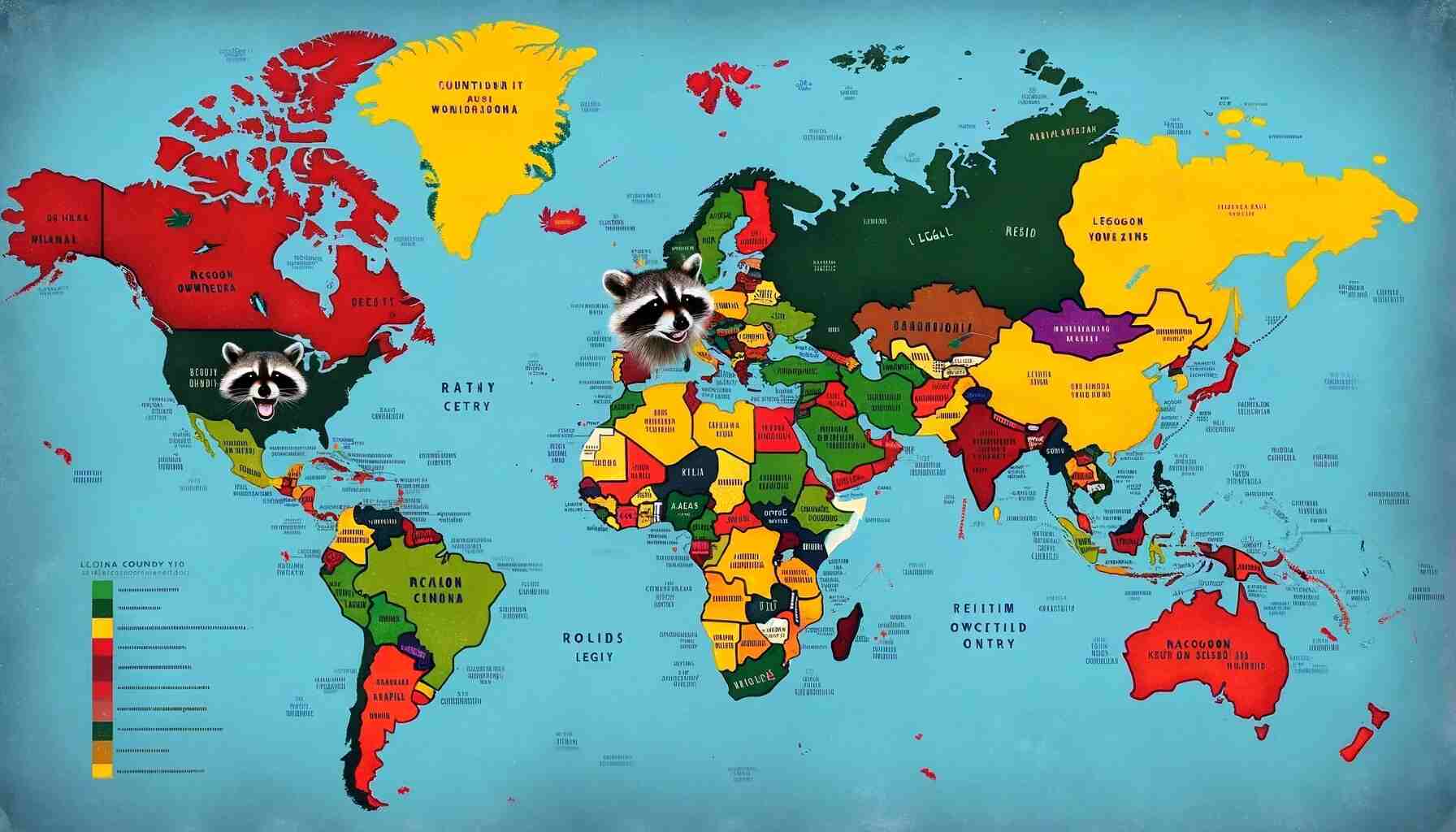 Here is the map representing the legality of raccoon ownership around the world. The map uses color coding to indicate the legal status in various countries, making it easier to understand the global perspective on raccoon ownership legality.