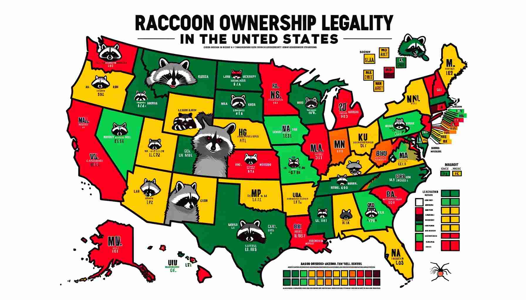 Here is a map with a clear title, "Raccoon Ownership Legality in the United States." The map provides a visual representation of the legal status of raccoon ownership in each state, with color coding as described in the legend. This map offer a comprehensive and easy-to-understand overview of the regulations across the country.